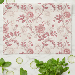Vintage Toile De Jouy Dusty Rose Pattern Tea Towel