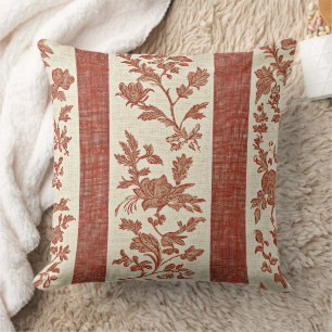 Vintage Toile de Jouy Floral Stripe in Terracotta  Cushion