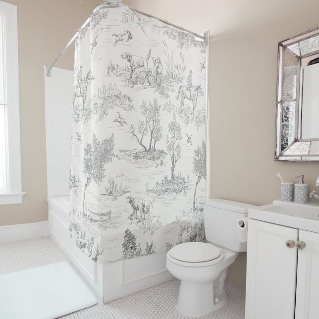 Vintage Toile De Jouy Hunting Pattern Shower Curtain (In Situ)