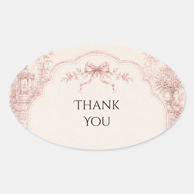 Vintage Toile Garden Scene Pink Bow Sticker (Front)