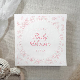 Vintage Toile Pink Floral Scalloped Baby Shower Napkin
