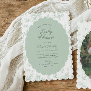 Vintage Toile Sage Floral Scalloped Baby Shower Invitation