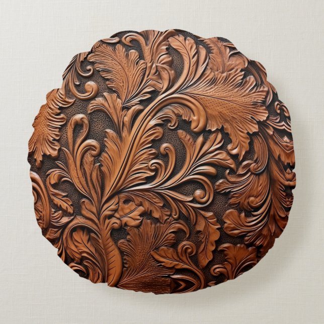 Vintage tooled leather round cushion (Front)