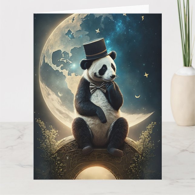 Vintage Top Hat Moon Panda Bear Card (Front)