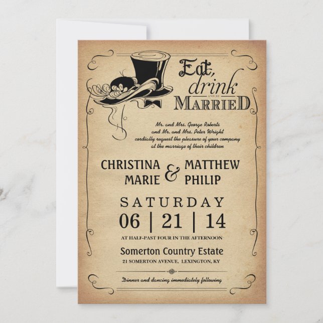 Vintage Top Hat Wedding Invitations (Front)