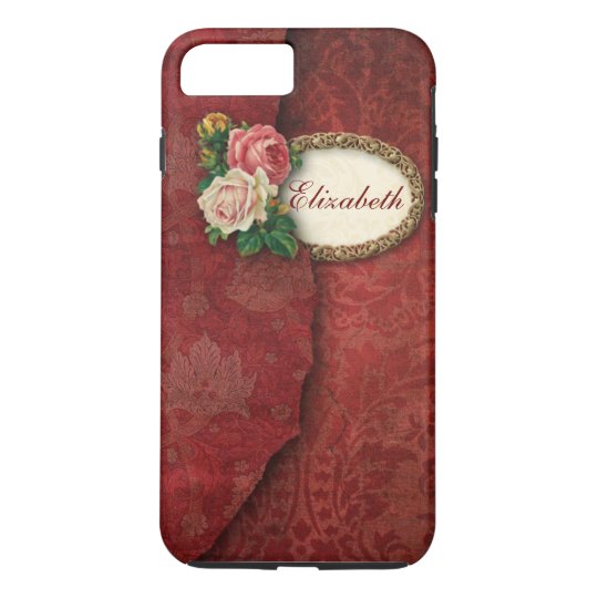 Vintage Torn Red Damask and Roses Personalised iPhone 8 Plus/7 Plus Case