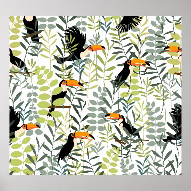 Vintage Toucans Green Leaves Pattern Poster (Front)
