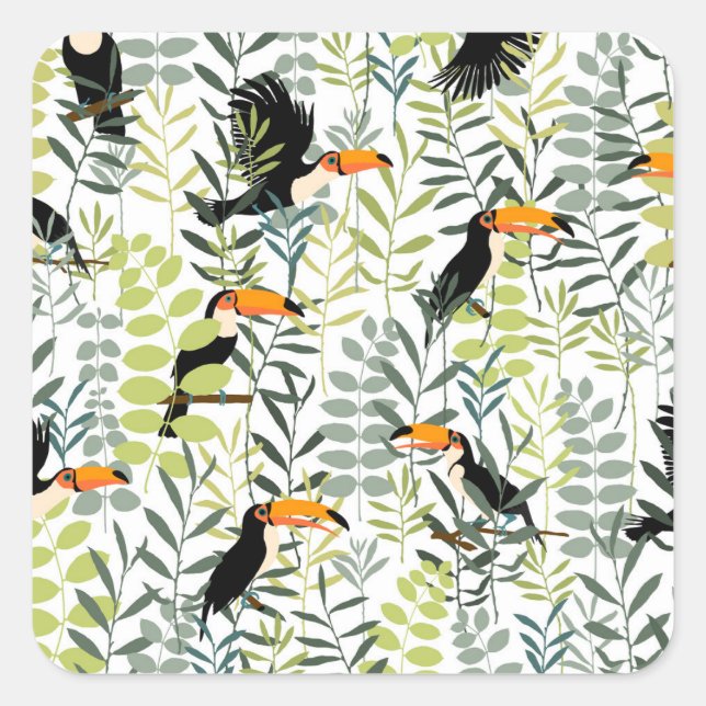 Vintage Toucans Green Leaves Pattern Square Sticker (Front)