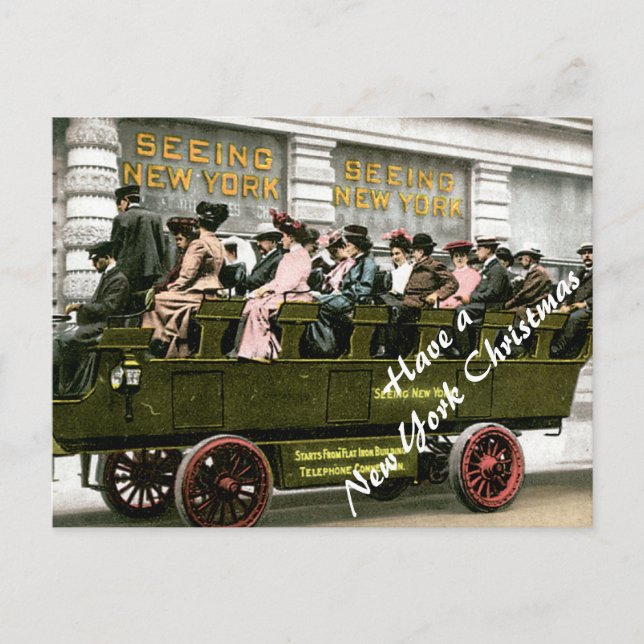 Vintage Tour Bus in NYC Christmas Holiday Postcard (Front)