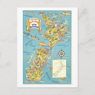 Vintage Tourist Map of New Zealand Postcard