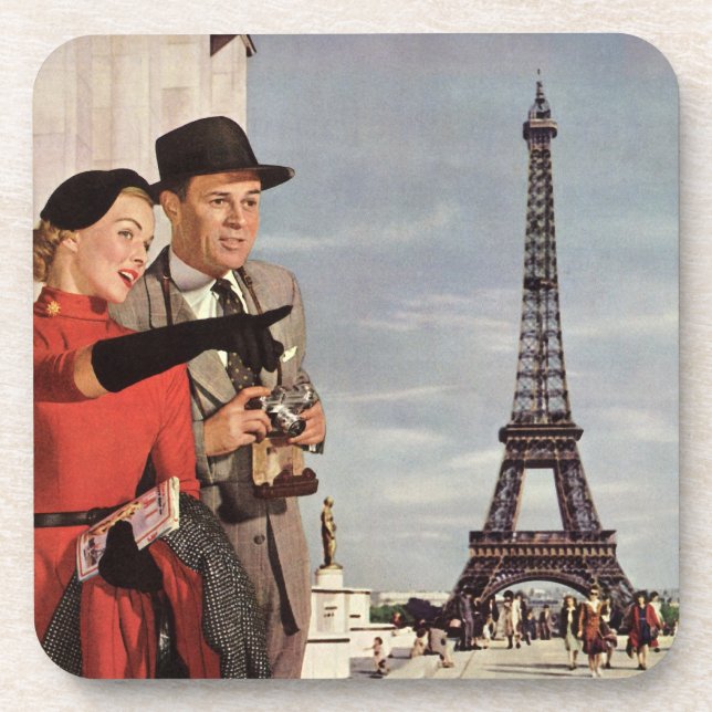 Vintage Tourists at Eiffel Tower, Paris Vacation Coaster (Front)