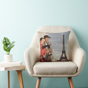 Vintage Tourists at Eiffel Tower, Paris Vacation Cushion
