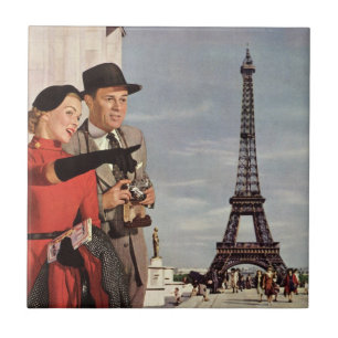 Vintage Tourists at Eiffel Tower, Paris Vacation Tile