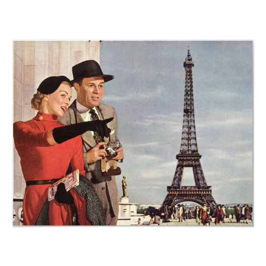 Vintage Tourists in Paris, Eiffel Tower Invitation