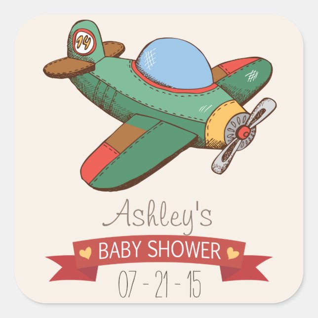 Vintage Toy Aeroplane Baby Shower Square Sticker (Front)