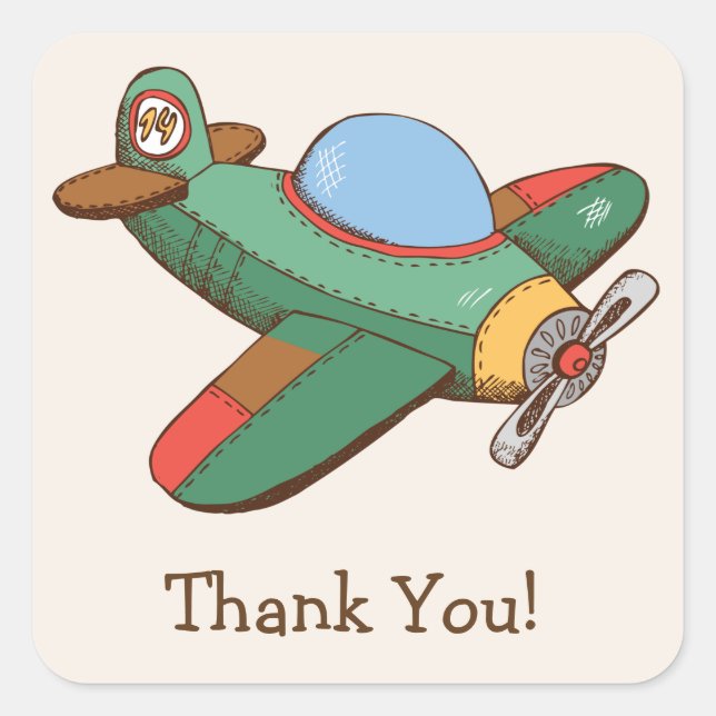 Vintage Toy Aeroplane Thank You Square Sticker (Front)