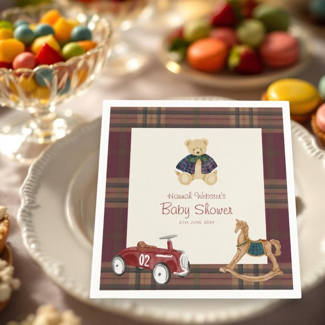 Vintage Toy Bear Plaid Baby Shower Napkins (Creator Uploaded)