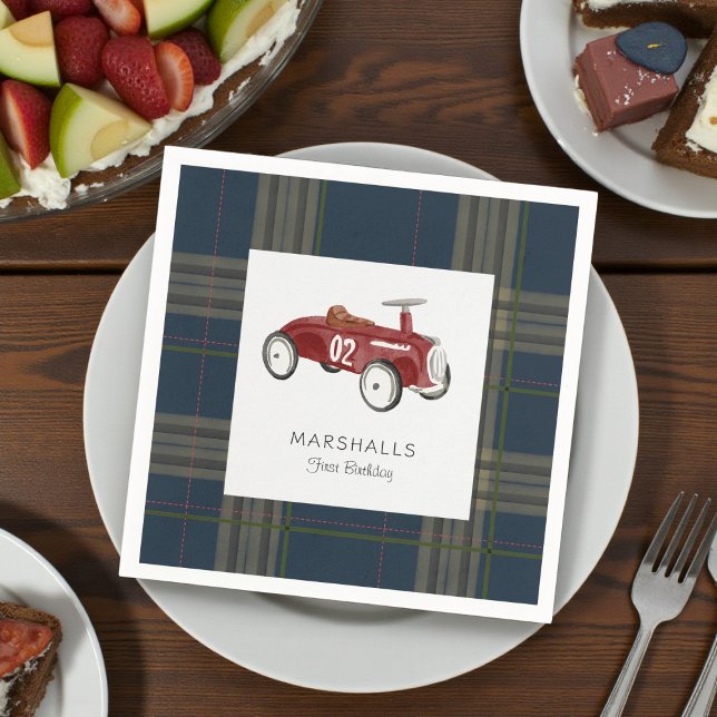 Vintage Toy Car Navy Plaid Birthday Napkins (Creator Uploaded)