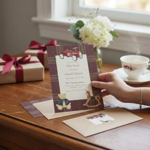 Vintage Toy Car Red Plaid Baby Shower Invitation