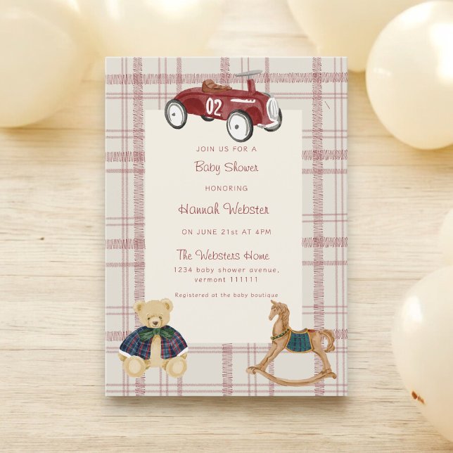 Vintage Toy Car Teddy Bear Baby Shower Invitation (Creator Uploaded)