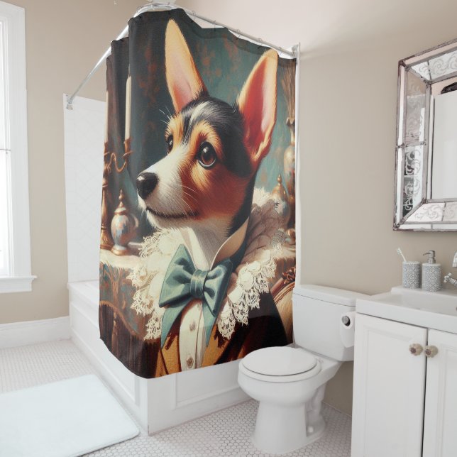 Vintage Toy Fox Terrier Painting Shower Curtain (In Situ)
