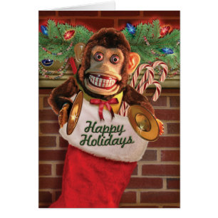 Vintage Toy Jolly Chimp In Stocking Christmas Card
