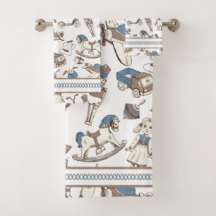 Vintage Toy Pattern Blue/Brown ID783 Bath Towel Set