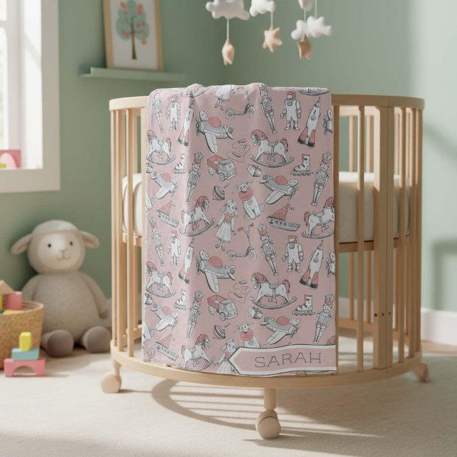 Vintage Toy Pattern Pink/Grey ID783 Fleece Blanket (Creator Uploaded)