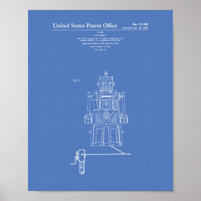 Vintage Toy Robot 1955 Patent Art Blueprint Poster (Front)