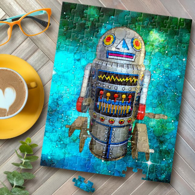 Vintage Toy Robot Retro Turquoise Galaxy Cute Cool Jigsaw Puzzle (Creator Uploaded)