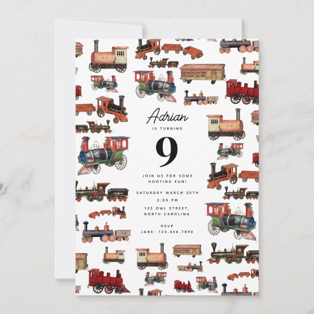 Vintage Toy Train Colourful Trains Birthday Party Invitation (Front)