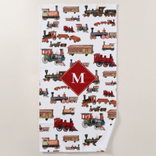 Vintage Toy Train Colourful Trains Pattern Monogra Beach Towel