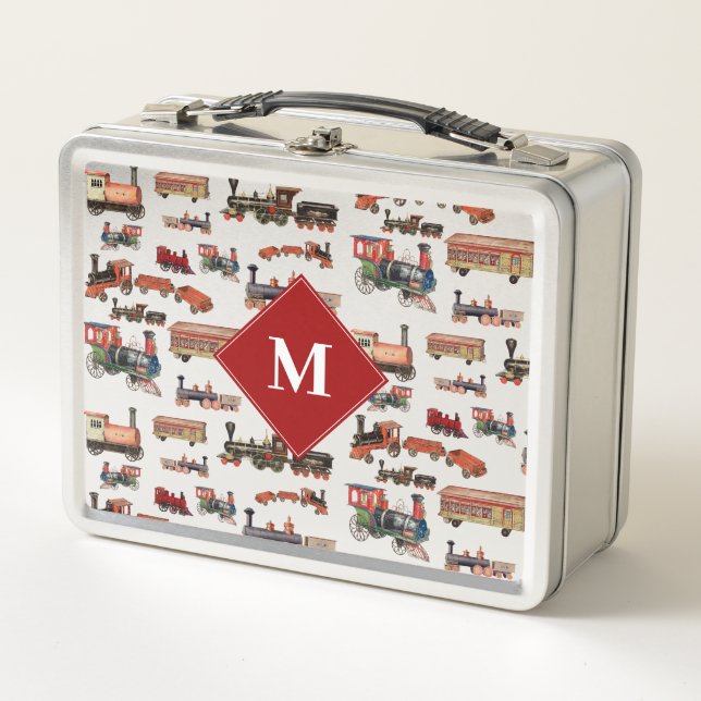 Vintage Toy Train Colourful Trains Pattern Monogra Metal Lunch Box (Front)