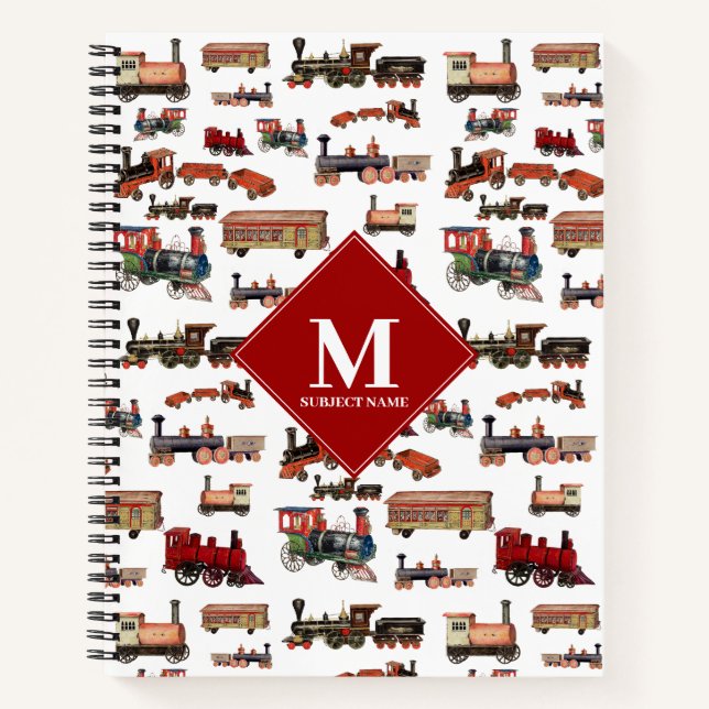 Vintage Toy Train Colourful Trains Pattern Monogra Notebook (Front)