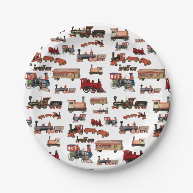 Vintage Toy Train Colourful Trains Pattern Paper Plate (Front)