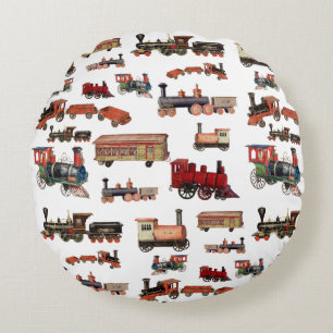 Vintage Toy Train Colourful Trains Pattern Round Cushion