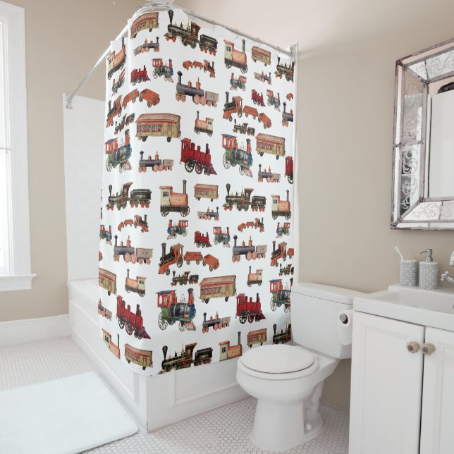Vintage Toy Train Colourful Trains Pattern Shower Curtain (In Situ)