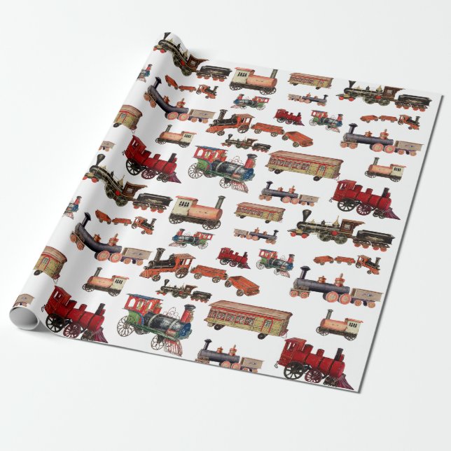 Vintage Toy Train Colourful Trains Pattern Wrapping Paper (Unrolled)