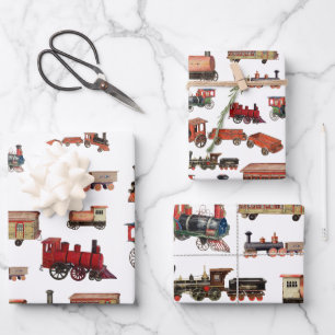 Vintage Toy Train Colourful Trains Pattern Wrapping Paper Sheet