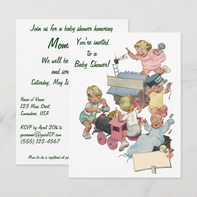 Vintage Toy Trains Baby Shower Invitation (Front/Back)