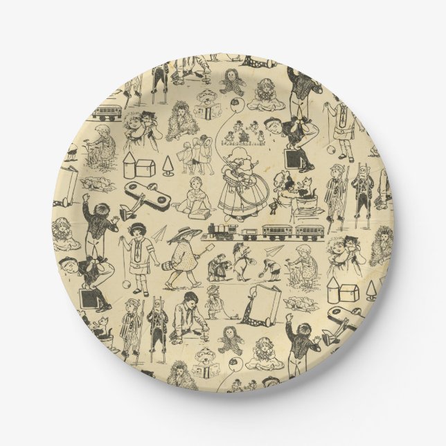 Vintage toys and playing children pattern paper plate (Front)