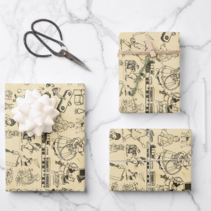 Vintage toys and playing children pattern wrapping paper sheet