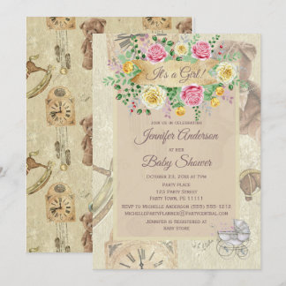 Vintage Toys Floral Baby Shower Invitation