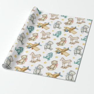 Vintage Toys Teddy Bear Plane Rabbit Horse Star Wrapping Paper