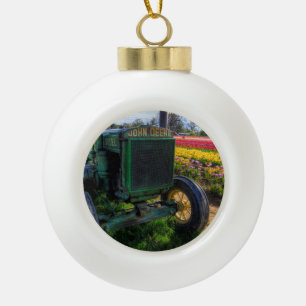 Vintage Tractor & Tulips Ceramic Ball Ornament