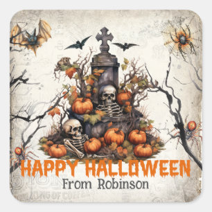 Vintage tradition watercolor skulls graveyard square sticker