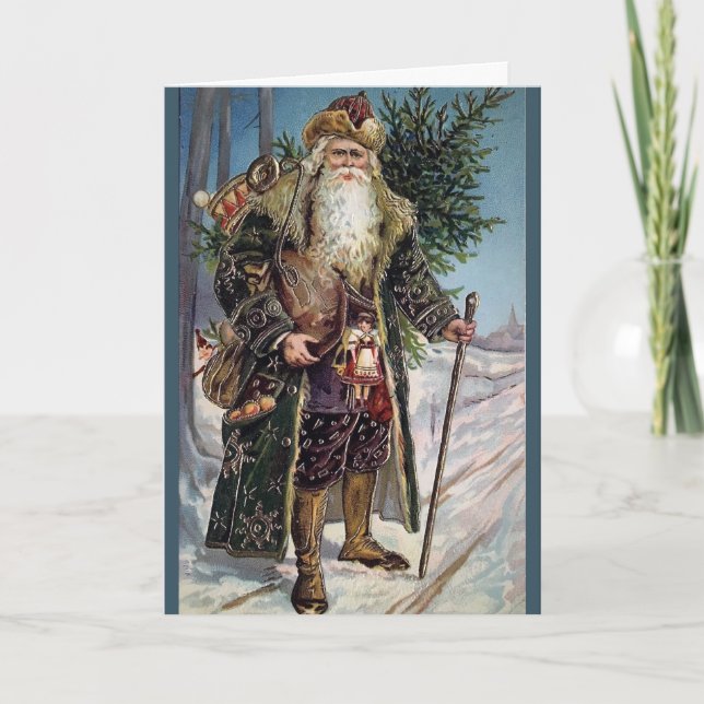 Vintage traditional blue coat Santa greeting card (Front)
