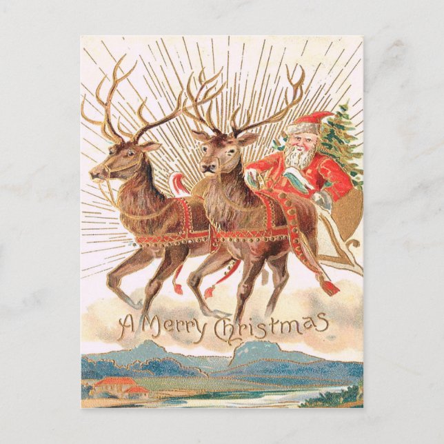 Vintage Traditional Christmas Card Santa Reindeer (Front)