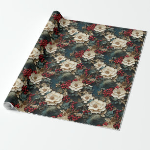 Vintage traditional classic 3D Christmas holly Wrapping Paper