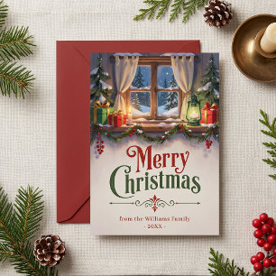 Vintage Traditional Cosy Cabin Window Christmas Holiday Card